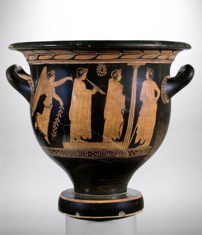 Attic Red-Figure Krater Depicting Nike and Three Figures Wearing Laurel Crowns by Greek